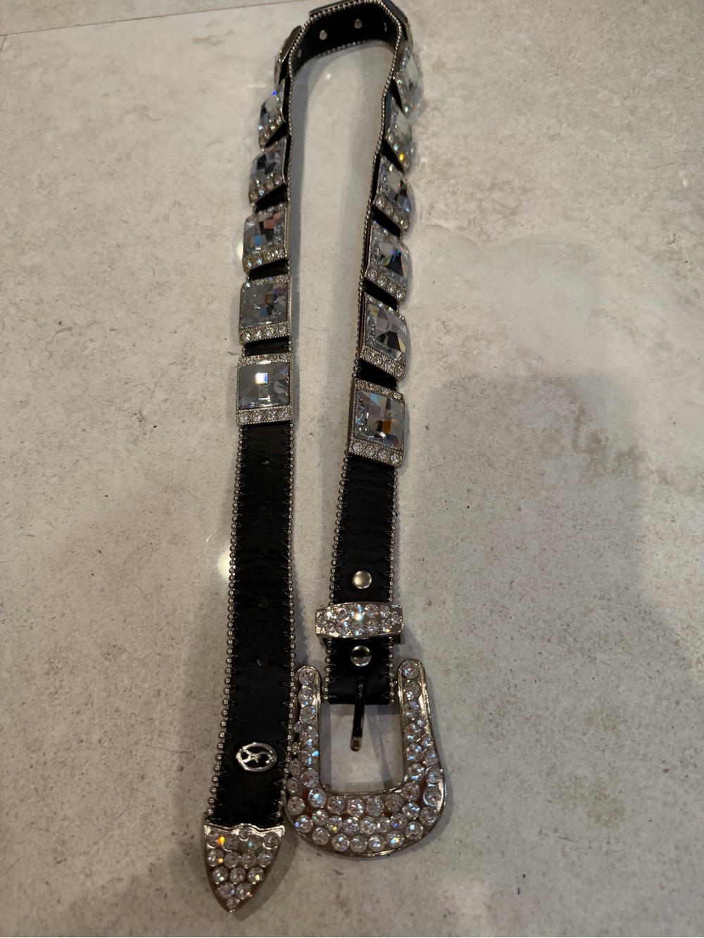 Christine Alexander Black Crystal-Embellished Rhinestone Belt 41”